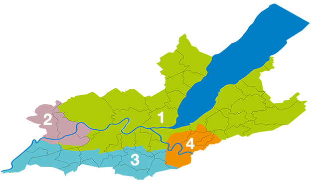 Carte du canton de Genève montrant les 4 zones de provenance de l'eau en fonction du lieu d'habitation. Pour connaître avec précision la zone dans laquelle se situe votre habitation, rendez-vous dans votre Espace Client·e.