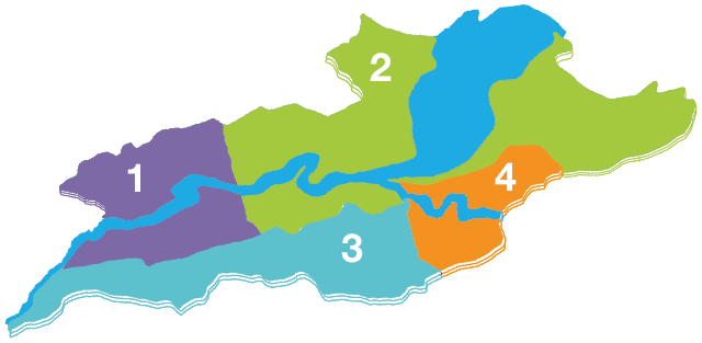 carte de Genève divisée en quatre zones de caractéristiques de l'eau