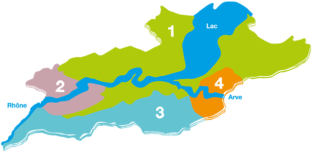 carte de Genève divisée en quatre zones de caractéristiques de l'eau