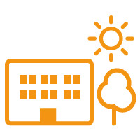 Un immeuble avec un soleil